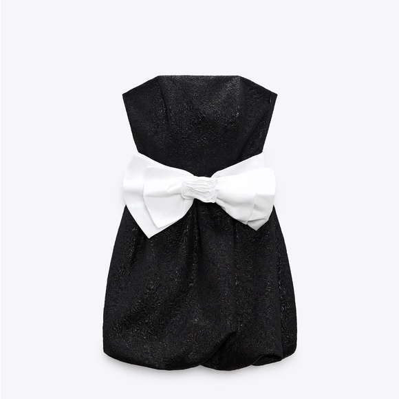 Zara Black Jacquard Dress With Contrast Bow Party Cocktail Night Out Mini - Picture 4 of 11